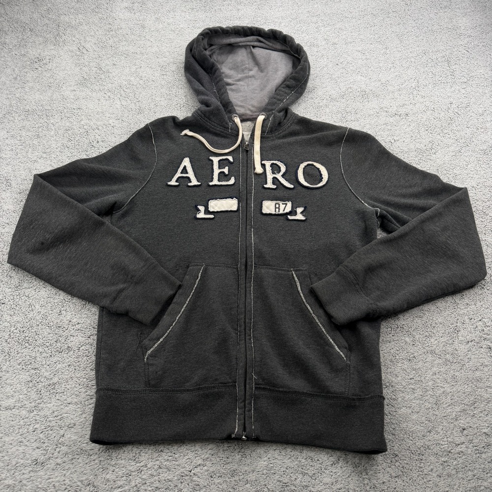 Aeropostale Hoodie Men Small Gray Full Zip Fleece Distressed VTG Logo Skater Y2K